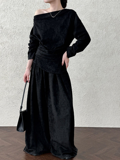 Irregular swing collar dew slanted shoulder top + wide-leg pants two-piece set autumn suede spice girl foreign style set
