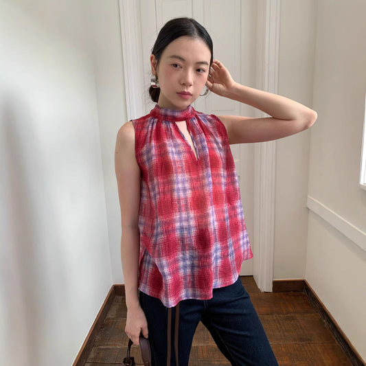 Dopamine sweet age-reducing Tencel plaid sleeveless halterneck vest