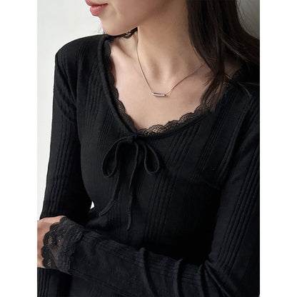 Korean V-neck lace bow long-sleeved T women's early spring new slim-fit bottoming shirt