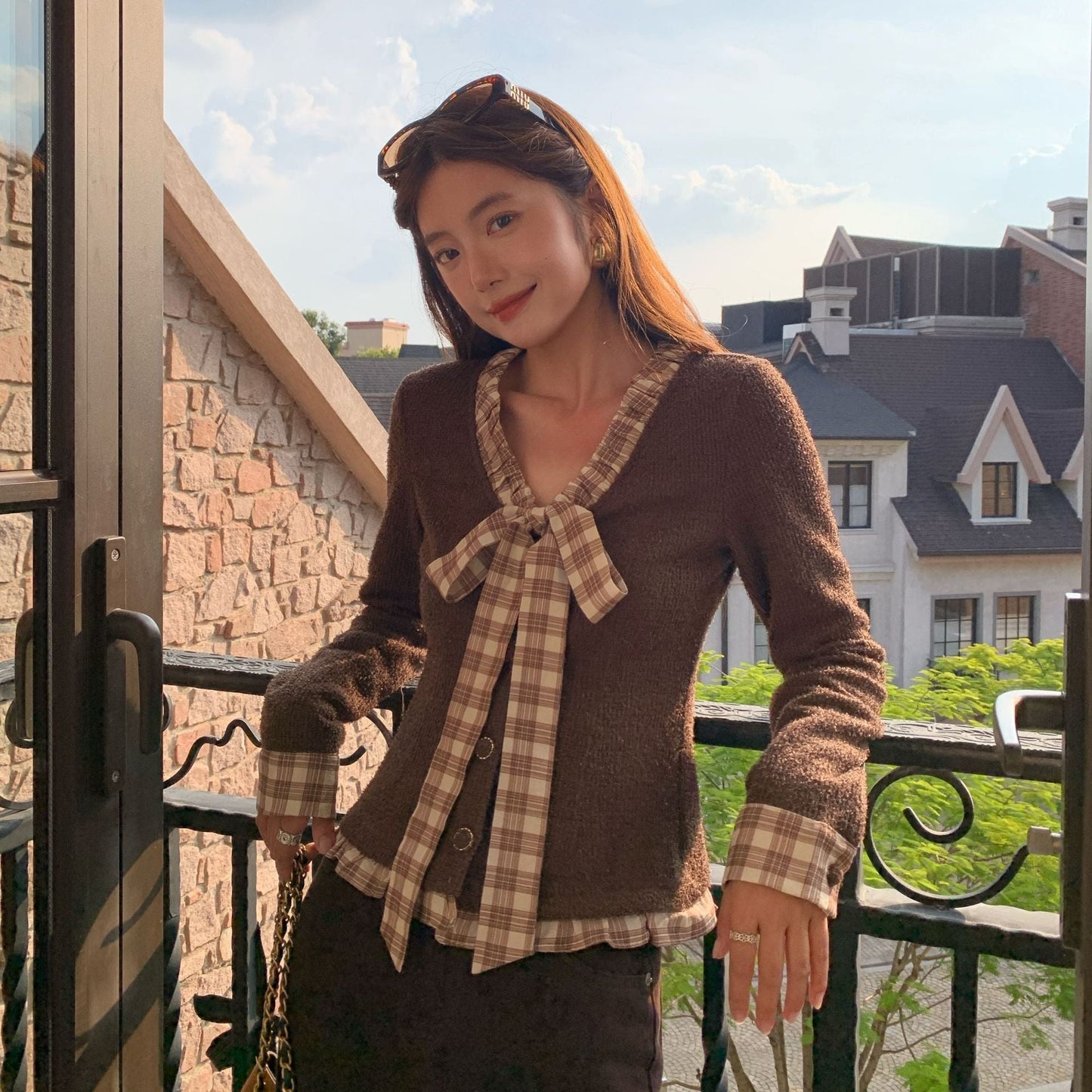Sweet Bow Checked Ribbon Knitted Bottom Shirt