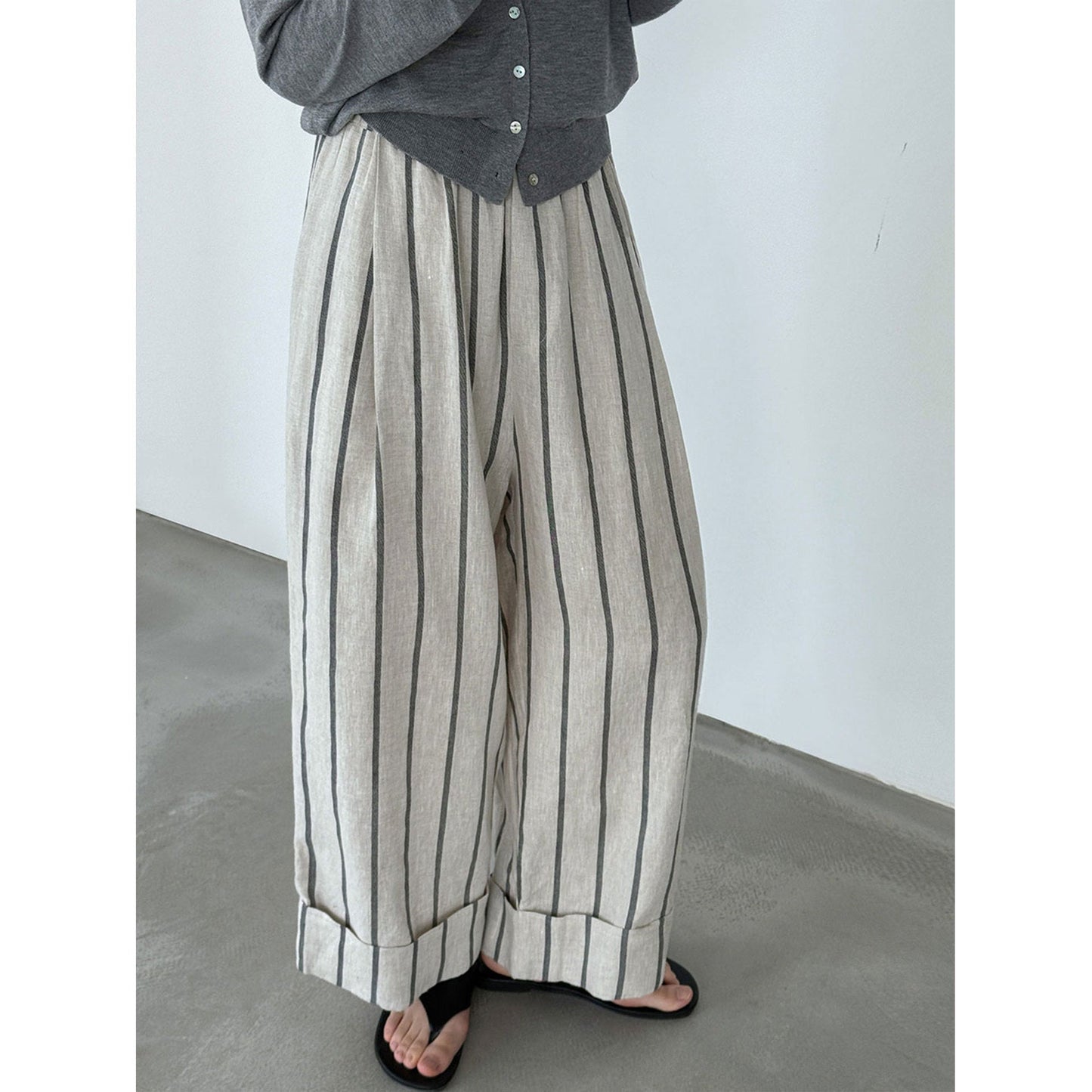 Japanese retro linen crimped casual pants spring new vertical striped nine-point wide-leg pants