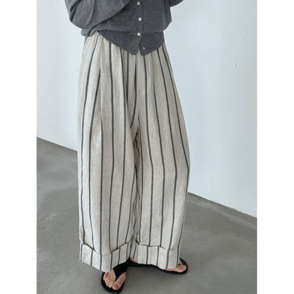 Japanese retro linen crimped casual pants spring new vertical striped nine-point wide-leg pants