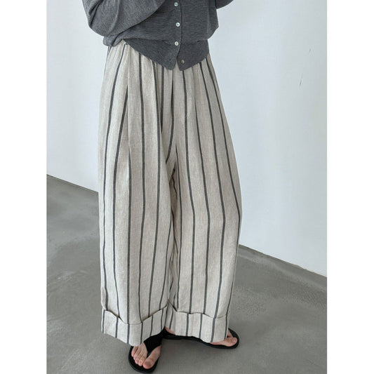 Japanese retro linen crimped casual pants spring new vertical striped nine-point wide-leg pants
