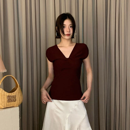 Elastic pit strip short-sleeved knitted slim kink v-neck top S578