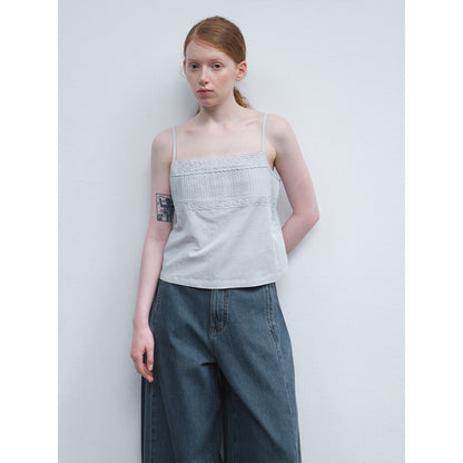 Summer new casual one-word collar linen cotton thin transparent embroidered solid color suspender top