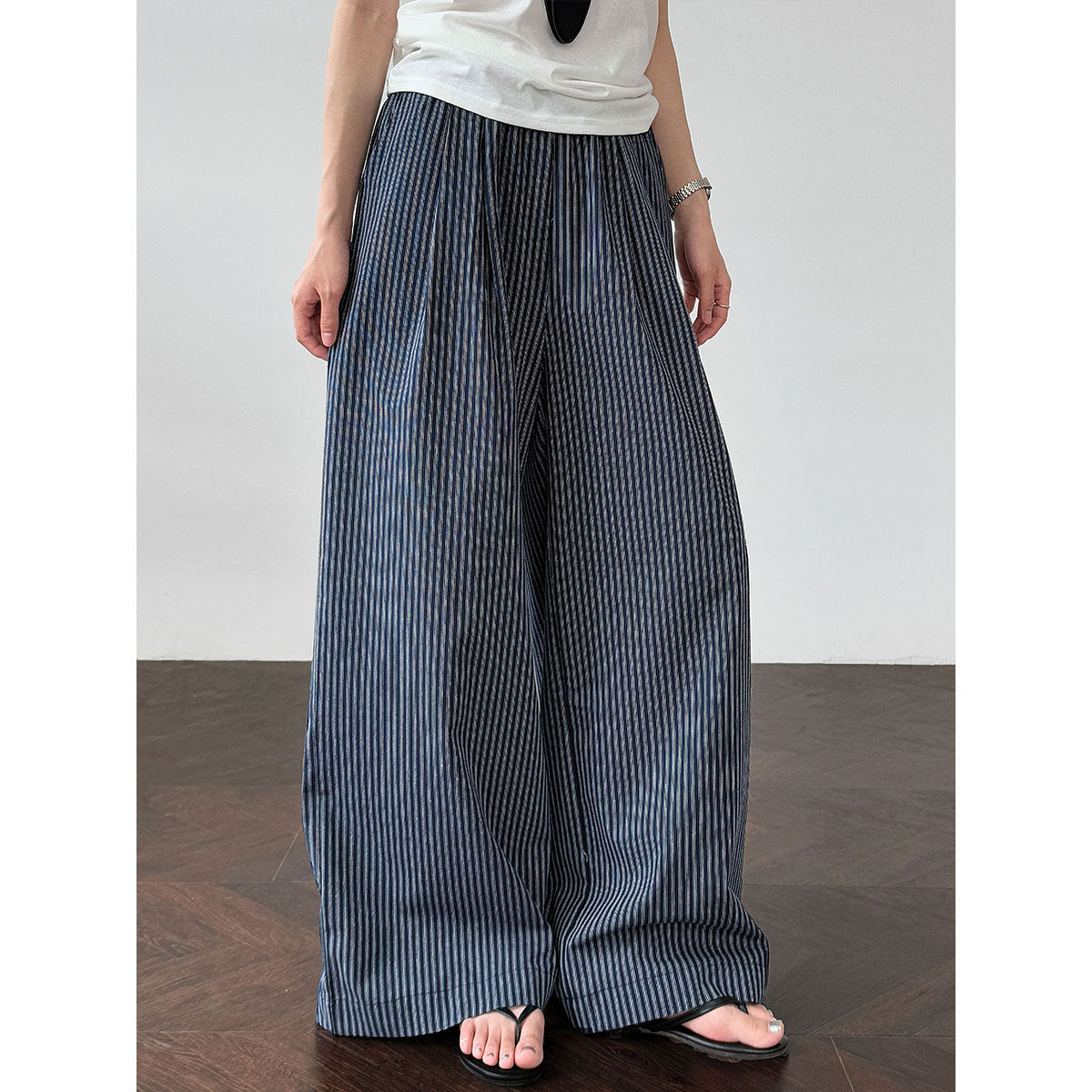Korean vertical striped thin wide-leg pants women's summer new cotton lazy versatile mopping straight-leg pants