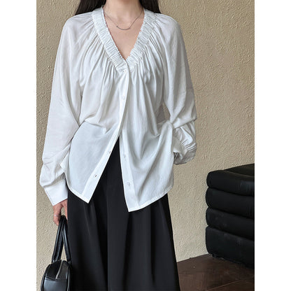 Korean temperament pleated V-neck loose shirt spring new commuter cool sunscreen long-sleeved shirt