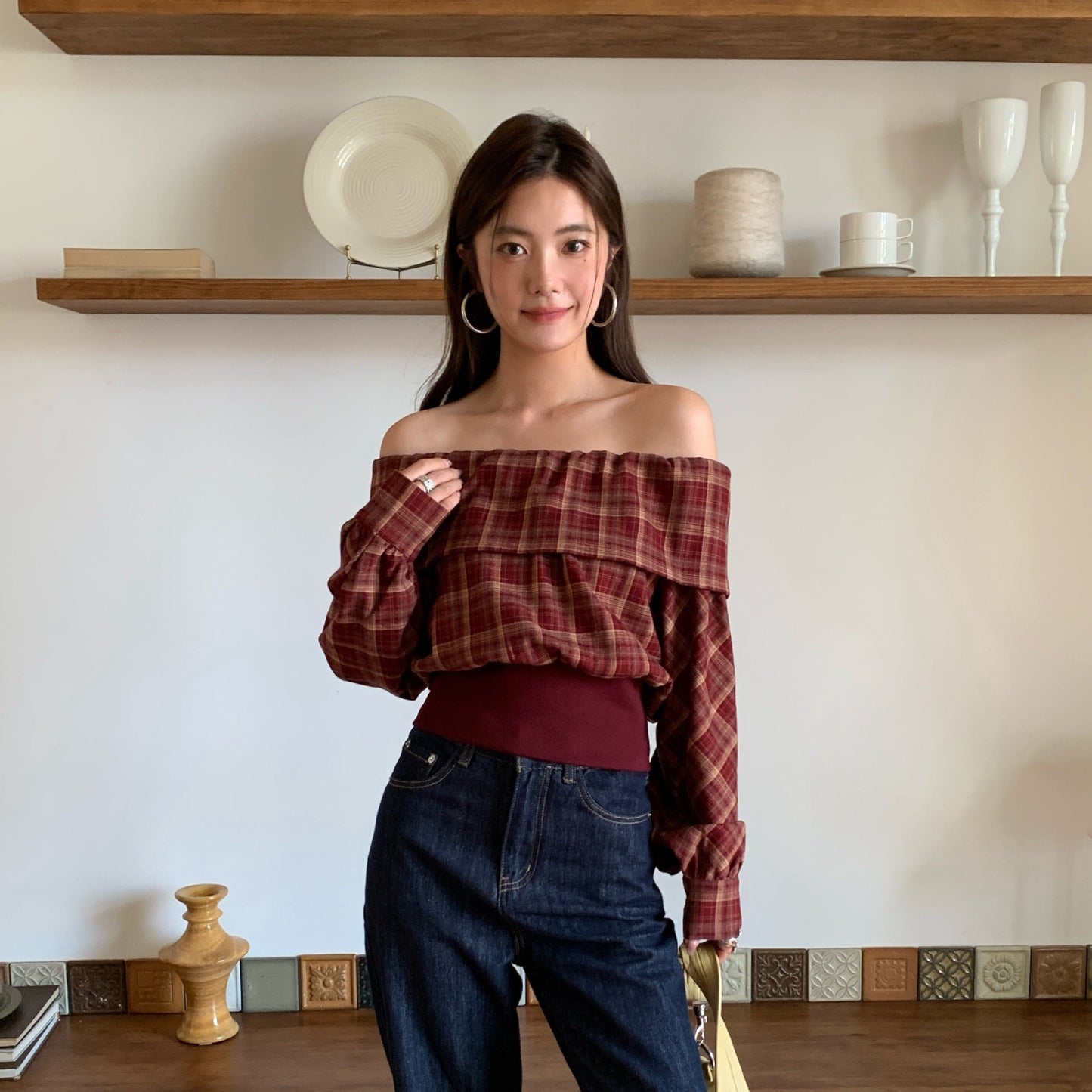 Threaded waist one-shoulder long-sleeved plaid shirt