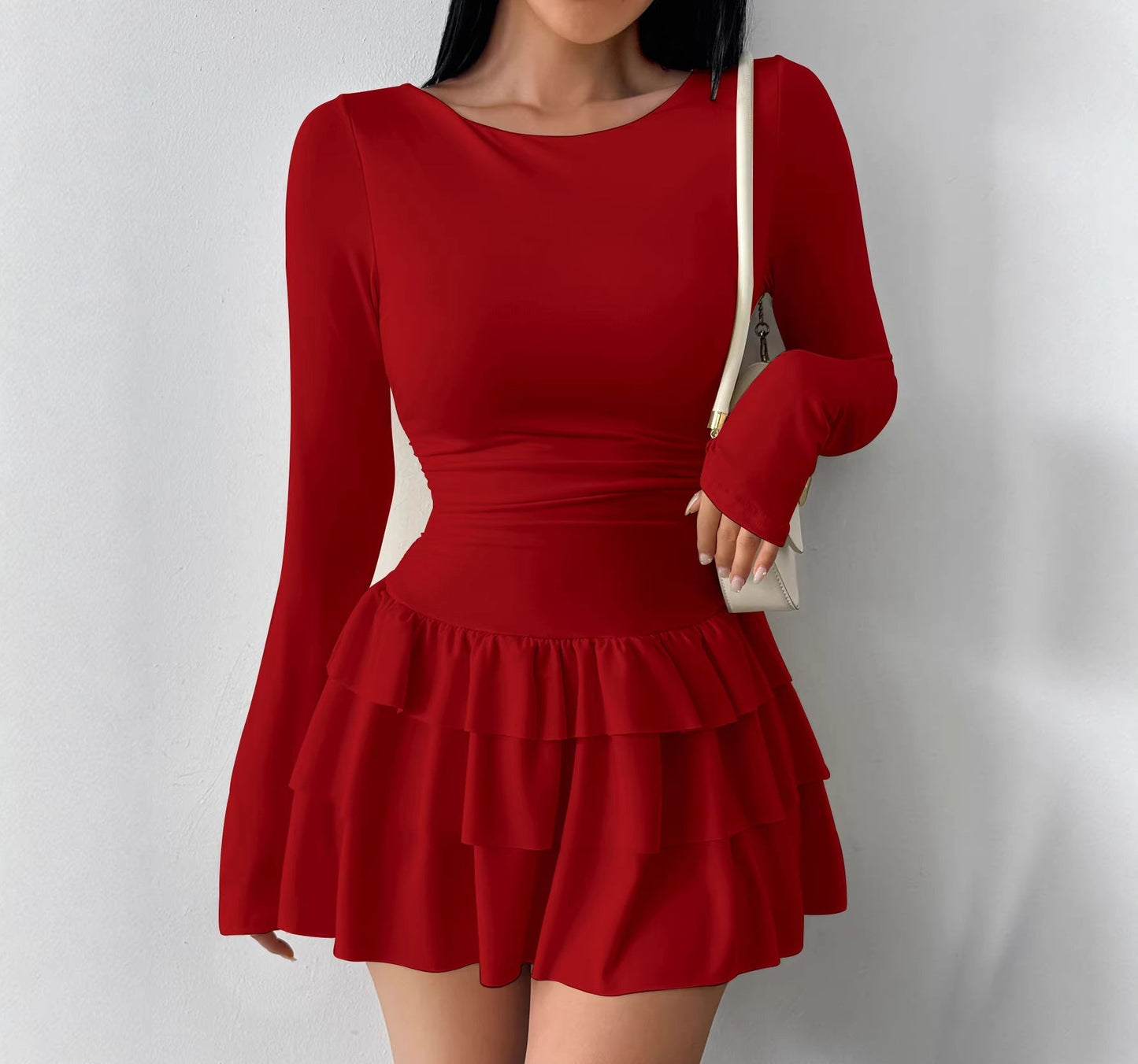 Slim Fit Midi Dress Women One-Shoulder Three-Quarter Sleeve Splicing