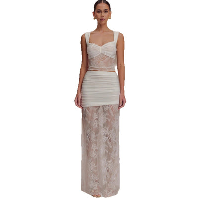 Fashion temperament lace suit skirt sexy hottie see-through top skirt two-piece suit women
