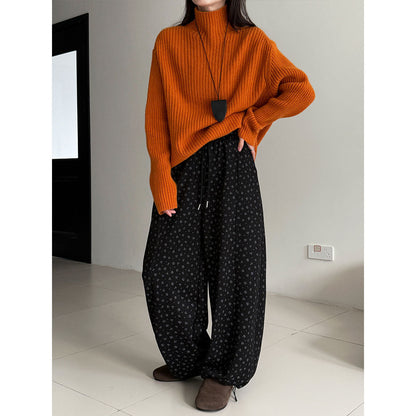 Fleece thickened micro-sickle floral wide-leg pants women's winter new thin elastic waist long pants