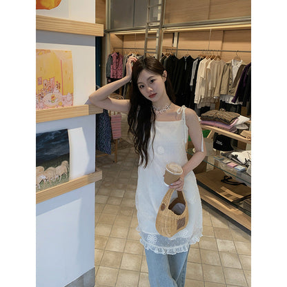 Summer coffee break suspender dress sweet sexy lace-up embroidered dress