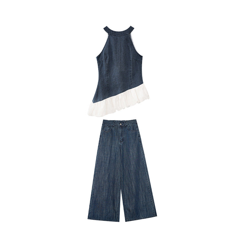 Summer French retro fashion suit female high-end denim two-piece set