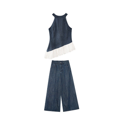 Summer French retro fashion suit female high-end denim two-piece set