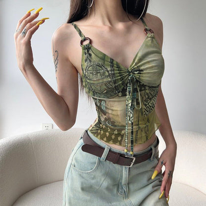 Retro V-Neck Cami Top with Drawstring Detail