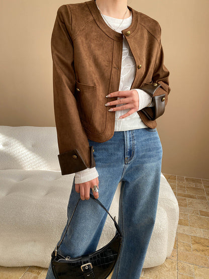 Vintage temperament imitation suede crew neck gold buckle jacket small man