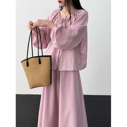 Korean gentle wind drawstring shirt + drape A-shaped skirt women's 26 spring new commuter suit