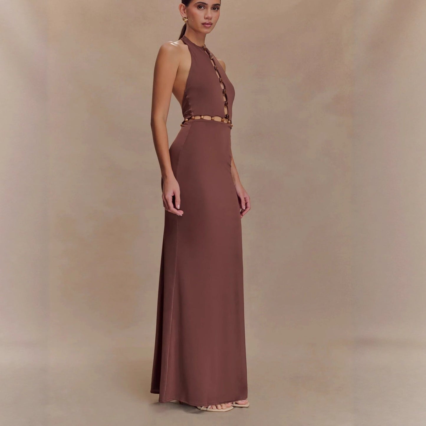 Fashion Splicing Beaded Neck Hip Wrap Skirt Backless Sexy Spice Girl Dress