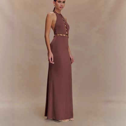 Fashion Splicing Beaded Neck Hip Wrap Skirt Backless Sexy Spice Girl Dress