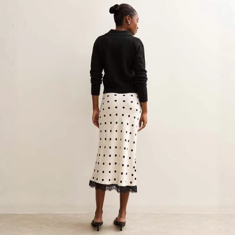 New fashion lace splicing polka dot skirt medium and long straight skirt women's high waist