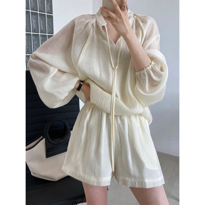 Summer fashion sports and leisure lace-up long-sleeved sunscreen + wide-leg shorts set two-piece set