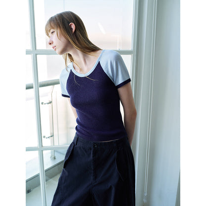 Spring Casual Tencel Hemp Crew Neck Versatile Contrast Color Short Knitted Pullover