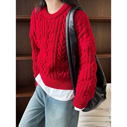 Thickened twist sweater women's autumn and winter new loose lazy Christmas atmosphere red top