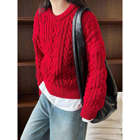 Thickened twist sweater women's autumn and winter new loose lazy Christmas atmosphere red top
