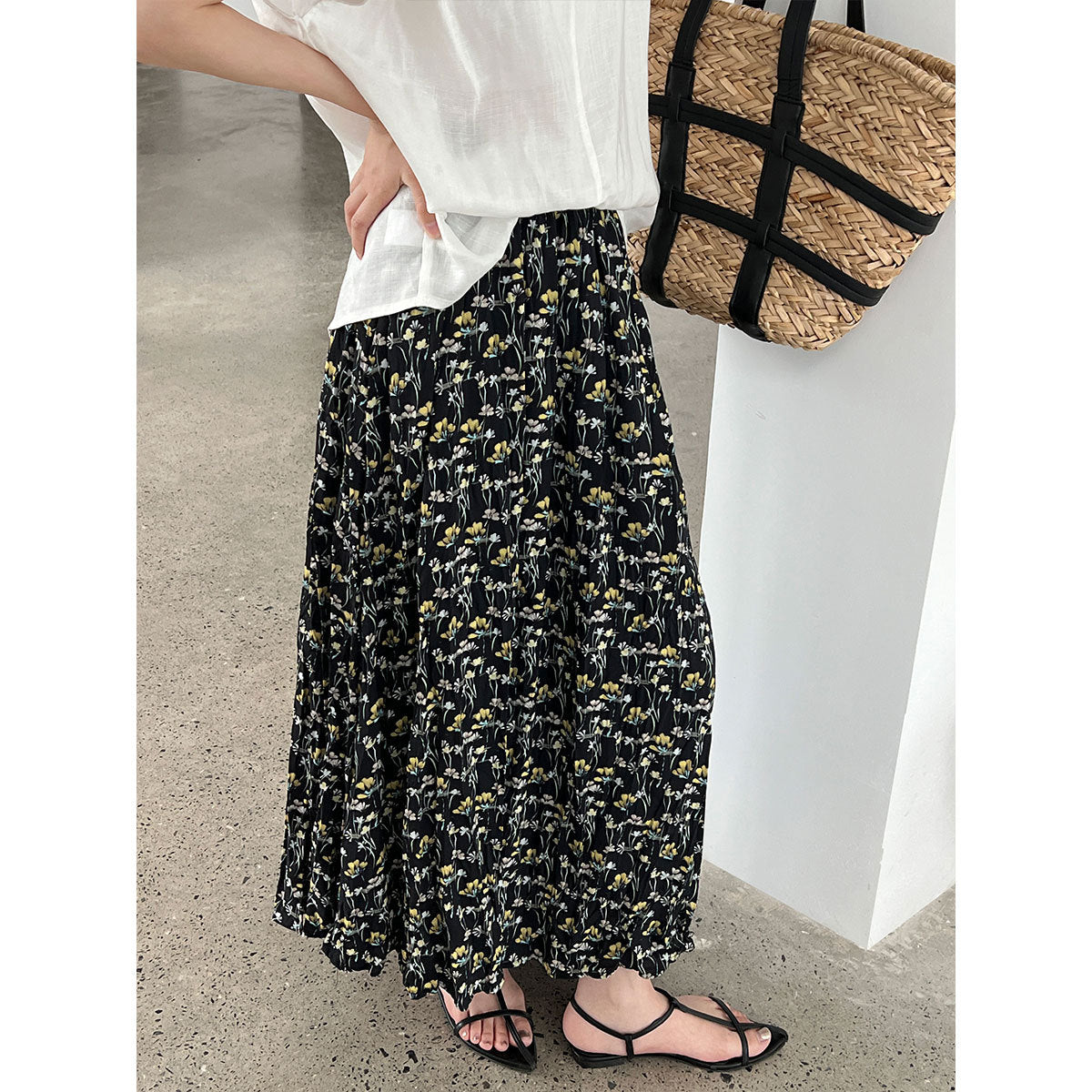 Retro floral skirt women's summer new loose pleated drape high waist a-shaped skirt umbrella skirt