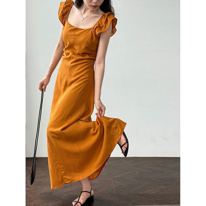 French small flying sleeve temperament dress summer new back hollow waist thin vest skirt