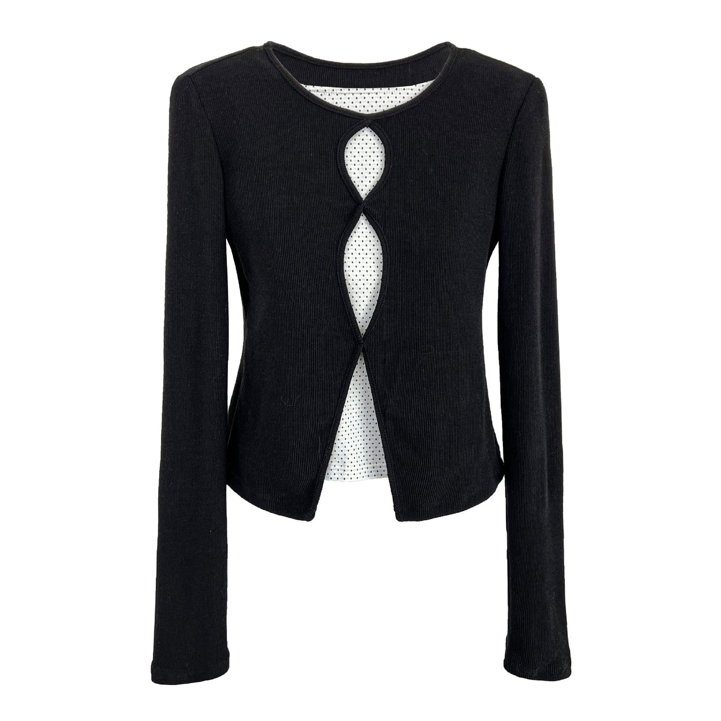 Contrasting fake two-piece splicing hollow polka dot long-sleeved T-shirt women's early spring new slim-fit knitted top