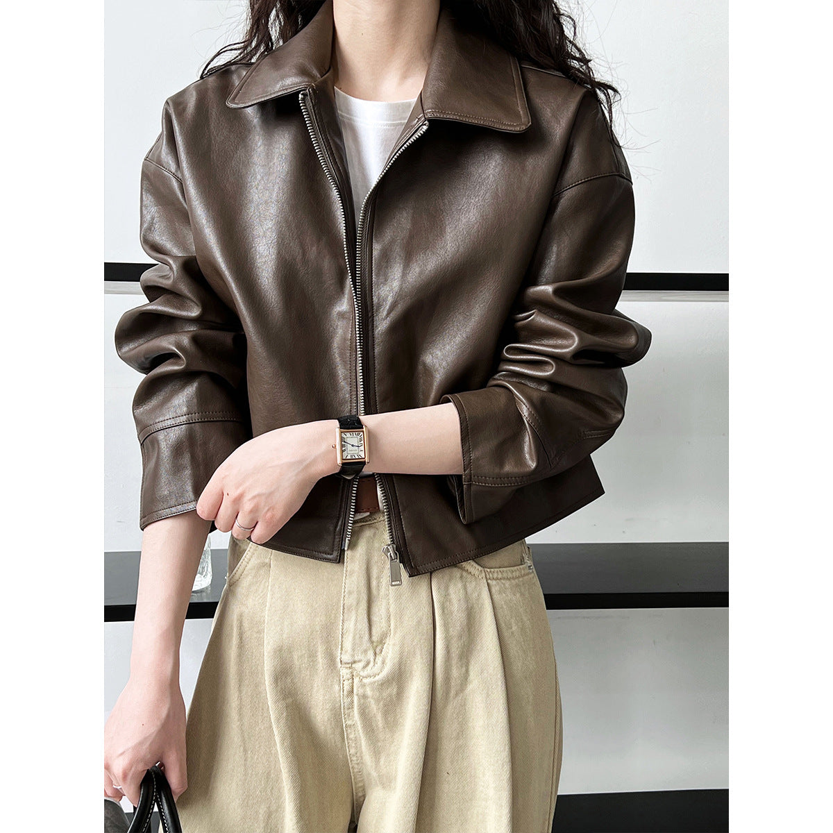 Cool and handsome high-end sense~ lapel leather jacket women's spring and autumn port style pu leather jacket locomotive top tide