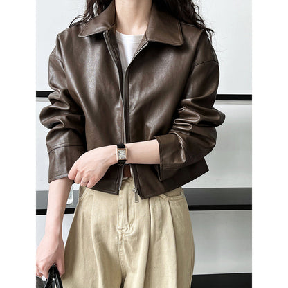 Cool and handsome high-end sense~ lapel leather jacket women's spring and autumn port style pu leather jacket locomotive top tide