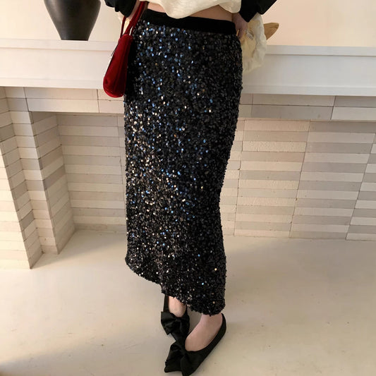Temperament Annual Meeting atmosphere Skinny heavy industry sequined skirt
