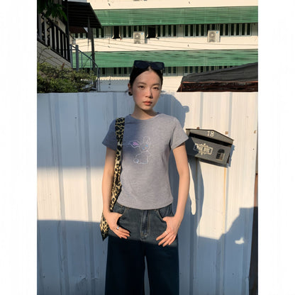 Early spring girl sweet and cute thin beaded round neck short-sleeved T-shirt