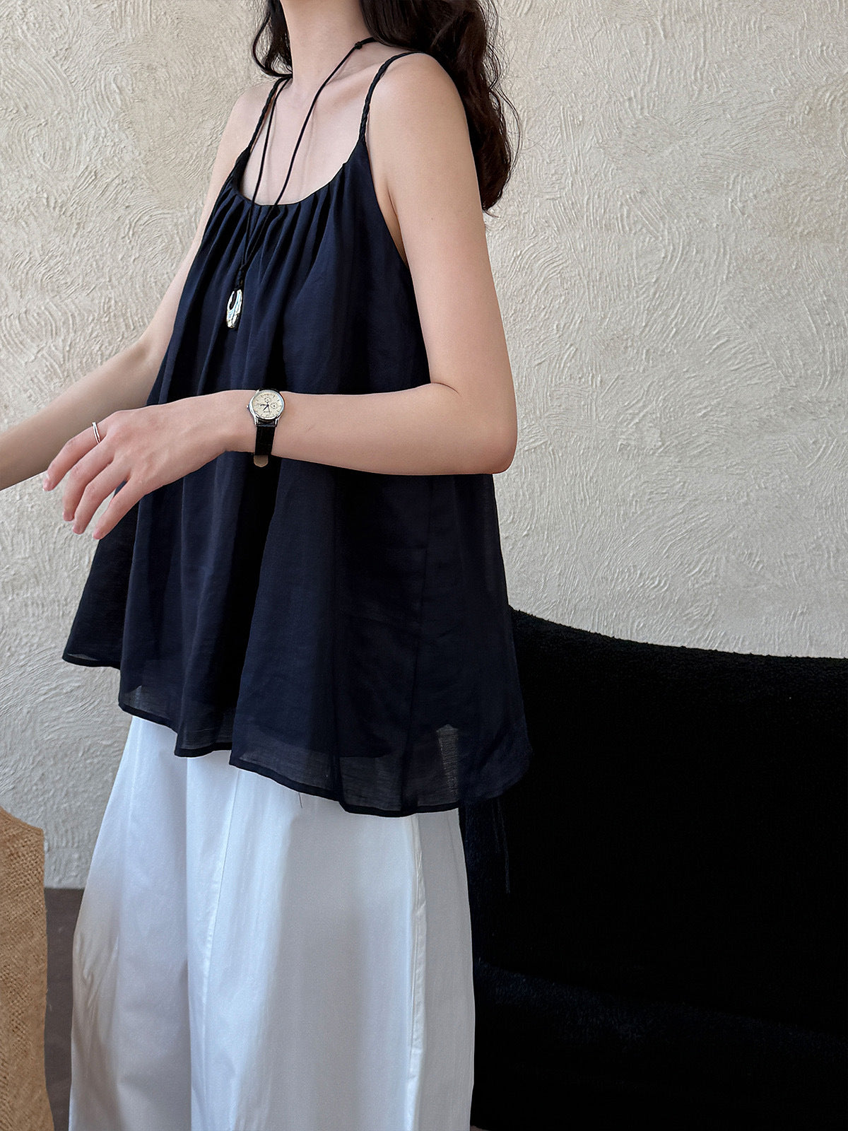 Pleated round neck woven shoulder strap vest women's summernew arrivalkorean style sleeveless loose suspender tops