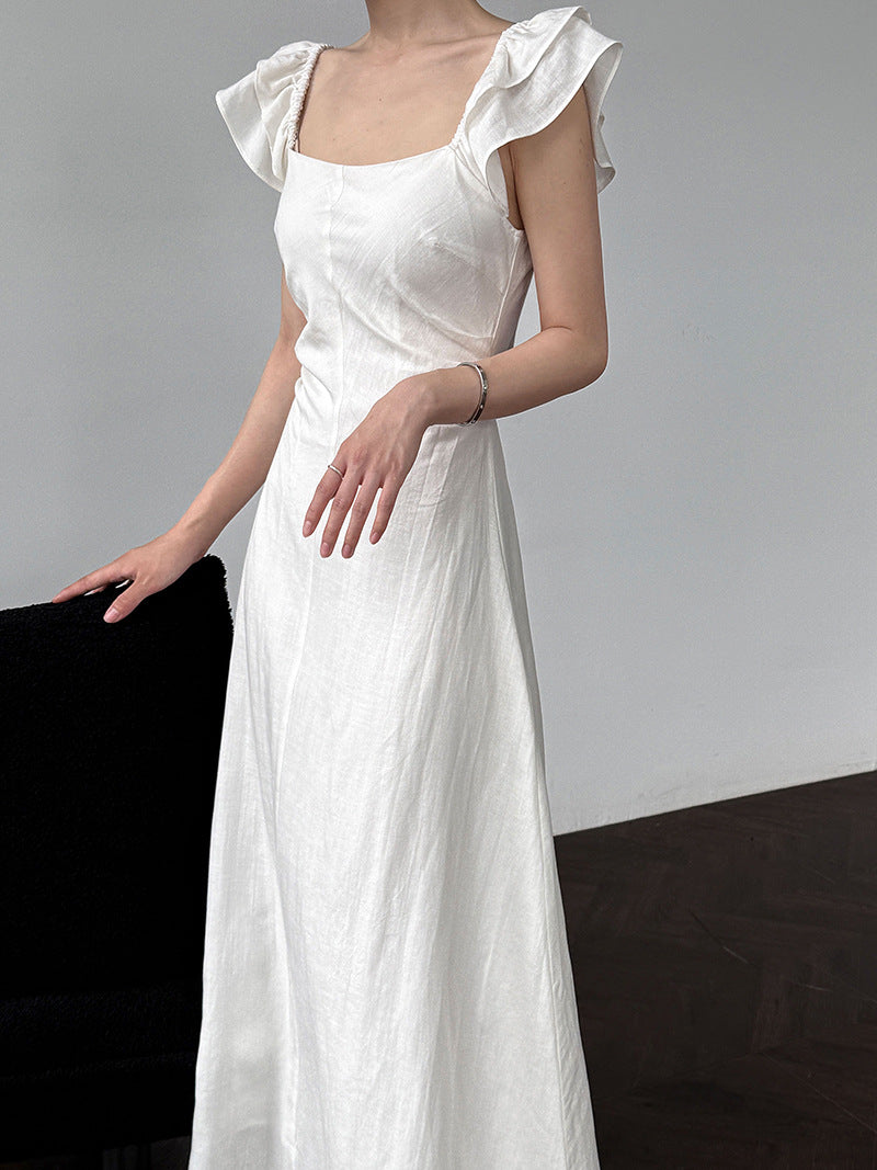 French small flying sleeve temperament dress summer new back hollow waist thin vest skirt