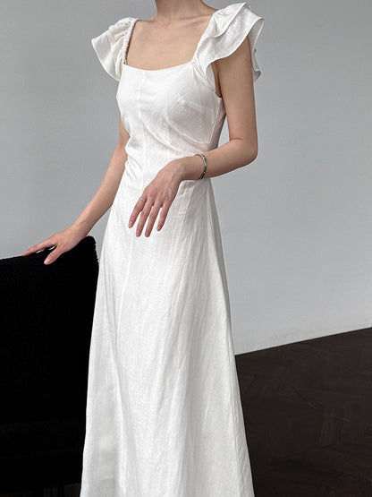 French small flying sleeve temperament dress summer new back hollow waist thin vest skirt