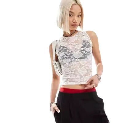 Skinny High Elastic Size Rose Perspective Lace Top Crew Neck Sexy Vest Breathable Blouse Pure Desire