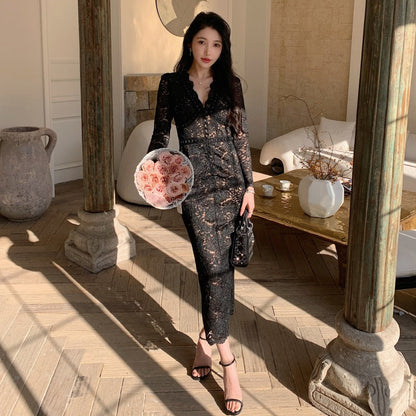 Lace Evening Dress Women V-Neck Long Sleeve High Waist French Style