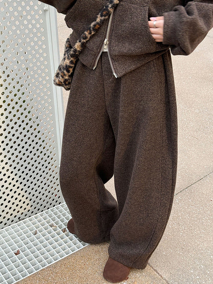 Slack, lazy, fur-collared sweatshirt, jacket, scimitar, wide-leg pants, women's winter wool fleece casual suit 2153