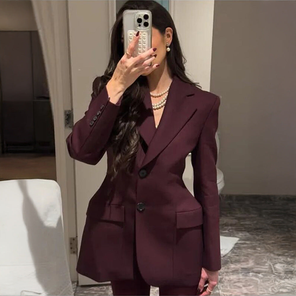 Suit Collar Blazer Women Slim Fit Long Sleeve Two-Button Jacket