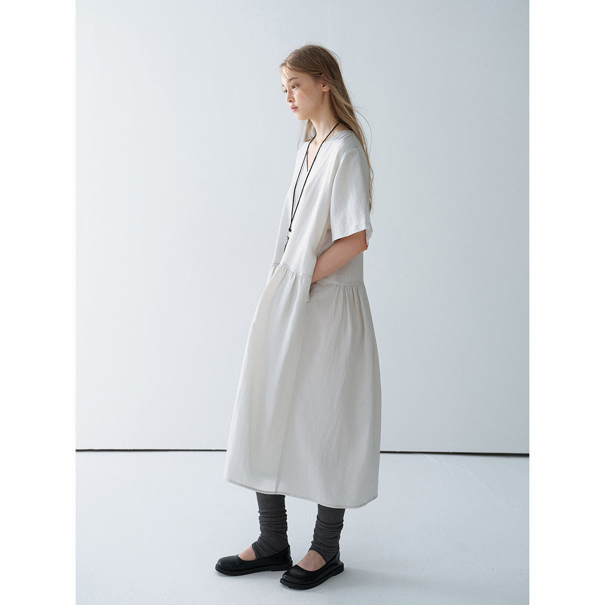 Summer new casual V-neck bamboo Tencel loose split long dress