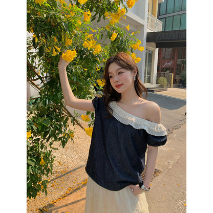 Ruffle Trim Off-Shoulder Denim Top