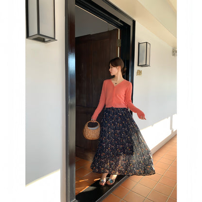 Women's High-Waist Floral Print Pleated Slim Maxi Skirt