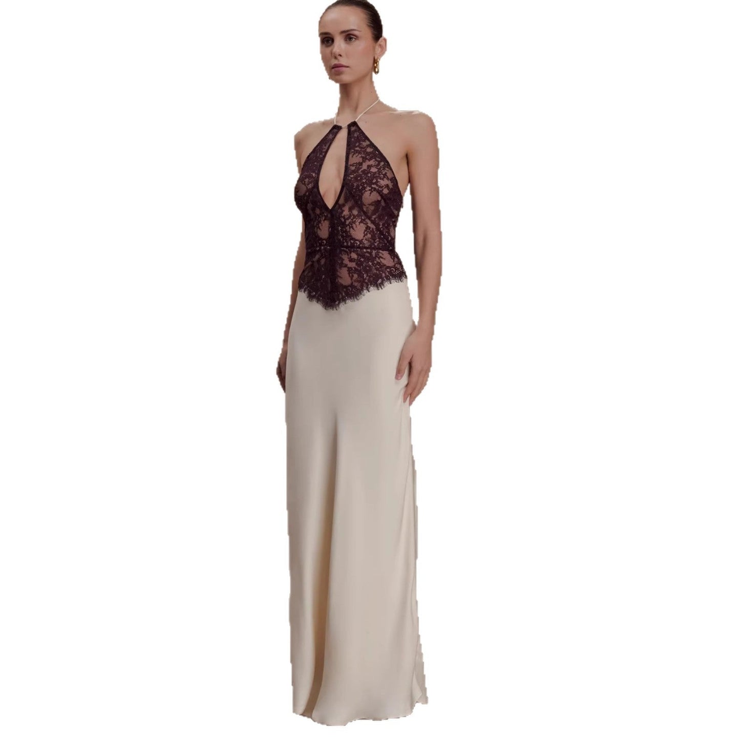 New sexy satin lace neck dress splicing hollow waist European and American suspender dress women