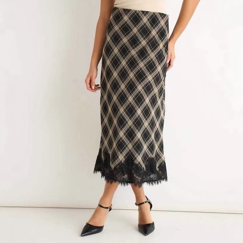 Stylish retro plaid skirt, lace skirt, slim hip skirt