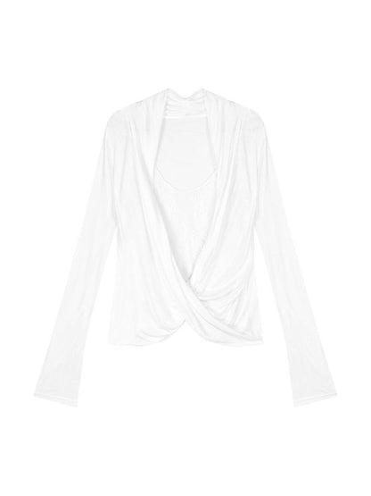 V-Neck Long Sleeve T-Shirt Women Slim Fit Lace Splicing Layered Top