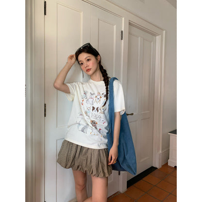 Cartoon printing loose Korean version of round neck girls short sleeves