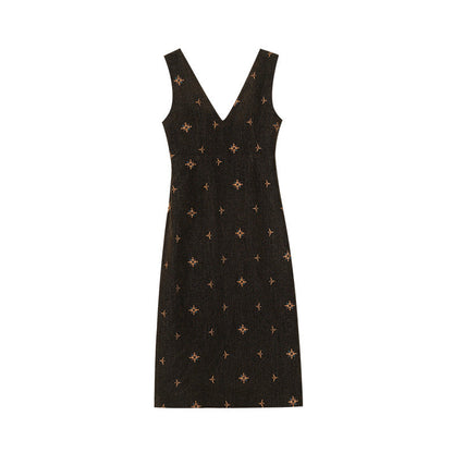 Embroidered slim waist sleeveless vest dress women